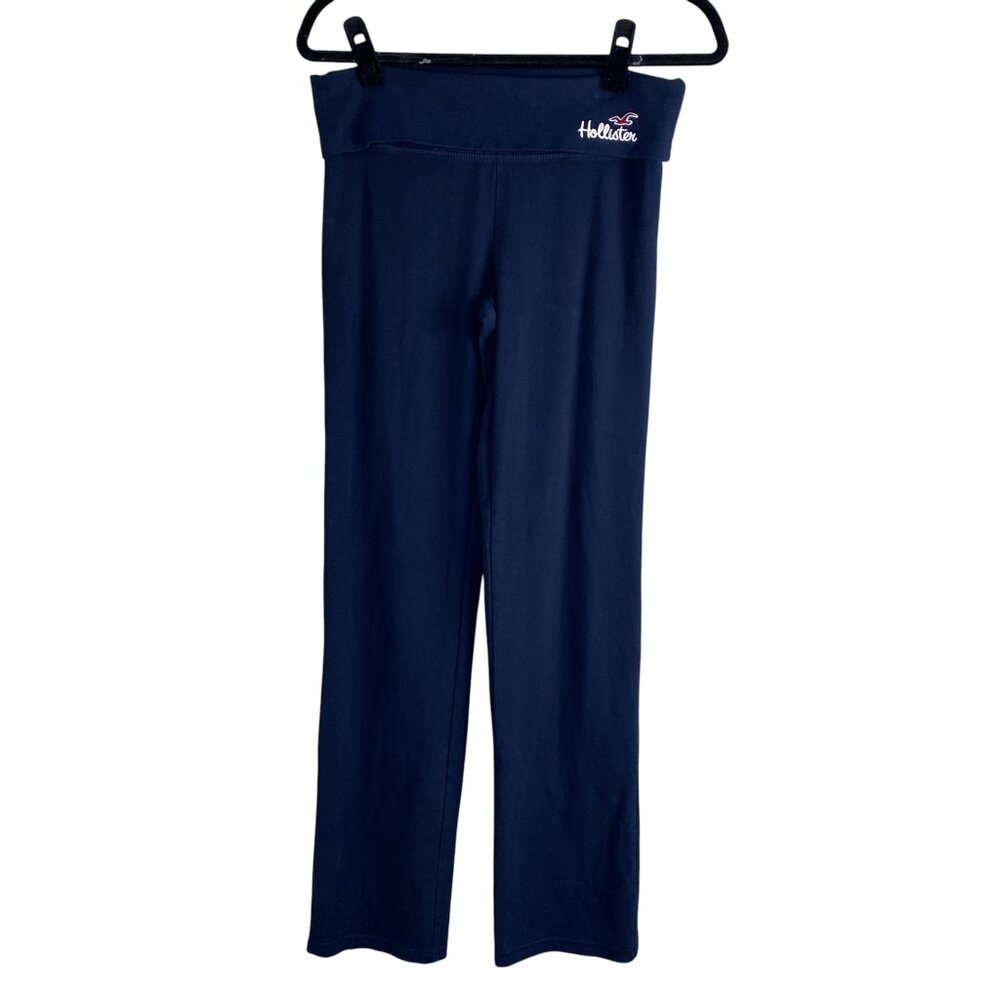 Vintage Y2K Hollister Foldover Flare Yoga Pants Sz M Navy Blue Embroidered Logo